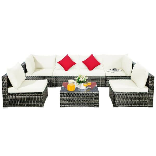 FORCLOVER 7-Piece Wicker Patio Conversation Set with White Cushions
