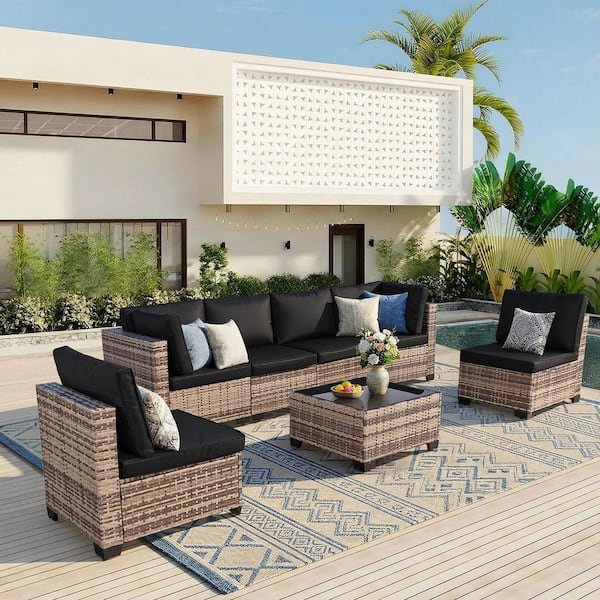 Classic Brown Wicker Patio Furniture Set 7-Piece Outdoor Sectional Sofa Set with Black Cushions, 6-Chairs,1-Coffee Table