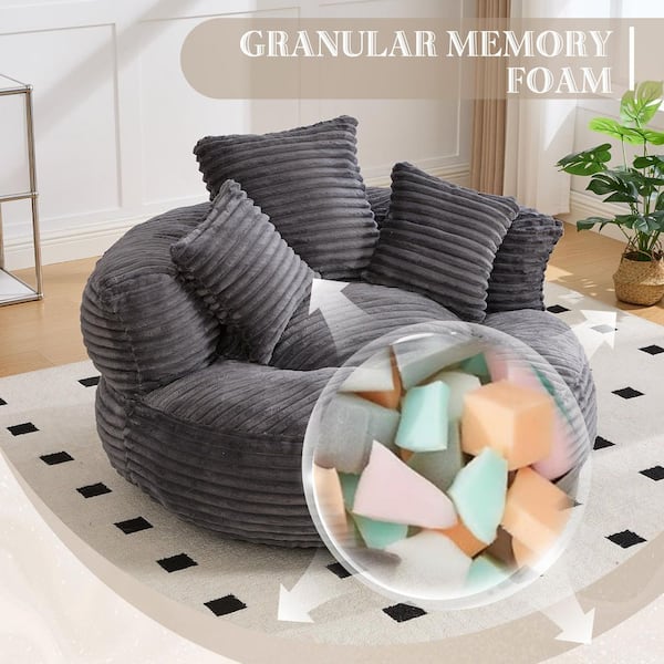 42.5 in. Dark Gray Oversized Corduroy Bean Bag Chair for Adults Kids with Armrests and 3 Pillows Foam Filled Sofa