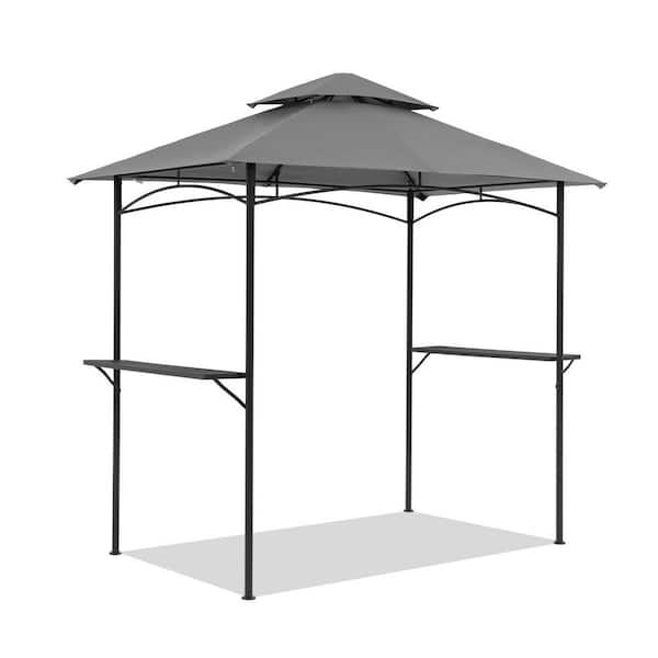 8 ft. x 5 ft. Grey Patio Double-Tier Soft Top Barbecue Grill Gazebo Tent with Steel Frame and Bar Counters