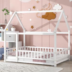 White Full Size Wooden House Bed with Fence Guardrails