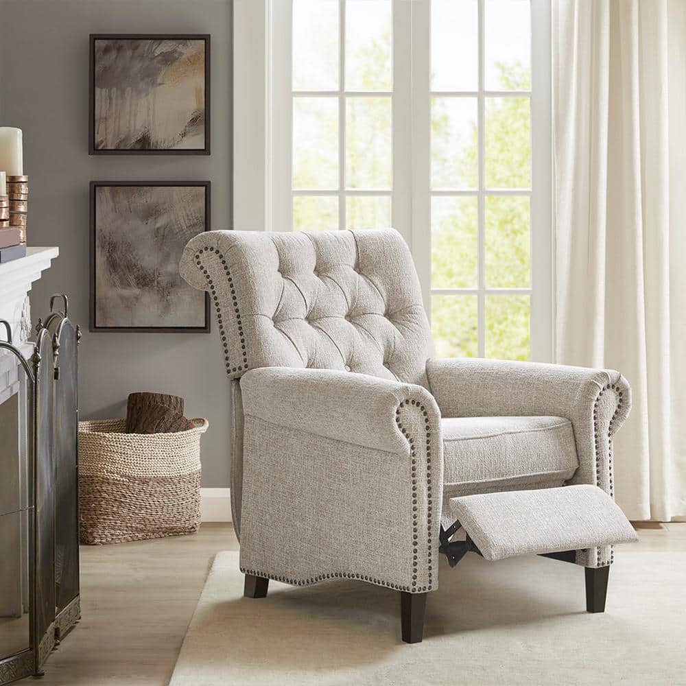 Elegant Cream Transitional Push Back Recliner with Tufted Back