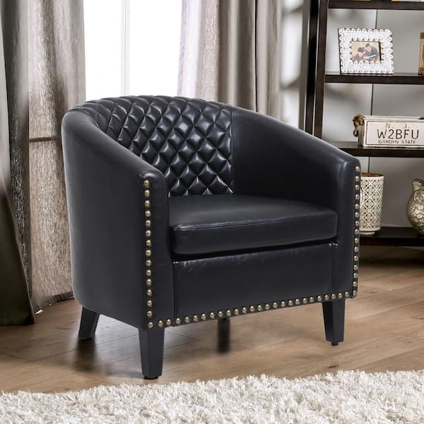 ANBAZAR Modern Black PU Leather Upholstery Accent Chair Barrel Chair Club Chair with Wood Legs and Nailheads (Set of 1)