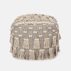 Ivory Handcrafted Fabric Square Pouf with Tassels