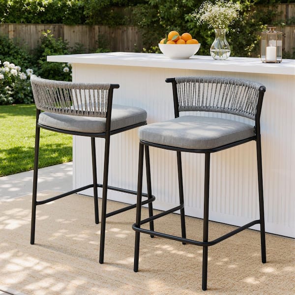 2-Pack Metal Outdoor Bar Stool Rattan Back Stackable Bar Stools w/2.75 in. Thick Cushion in Light Gray 500 lbs. Capacity