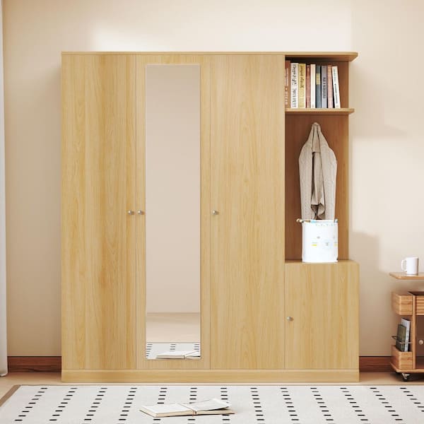 Natural Wood 59.8 in. 4-Door Wardrobe Armoire with Drawer, Full-Length Mirror and 2-Hanging Rails