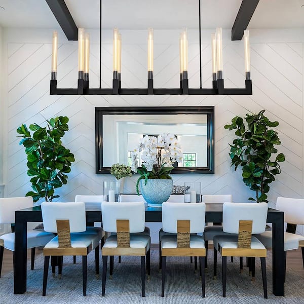 68 in. 12-Light Black Candlestick Chandelier Modern Chandelier with Glass Shade Retangular Luxury Ceiling Pendant Light