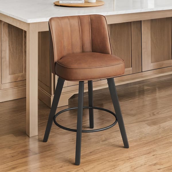 LUE BONA Paul 26 in. Brown Modern Faux Leather 360° Swivel High Back Barstool Upholstered Solid Wood Counter Height stool