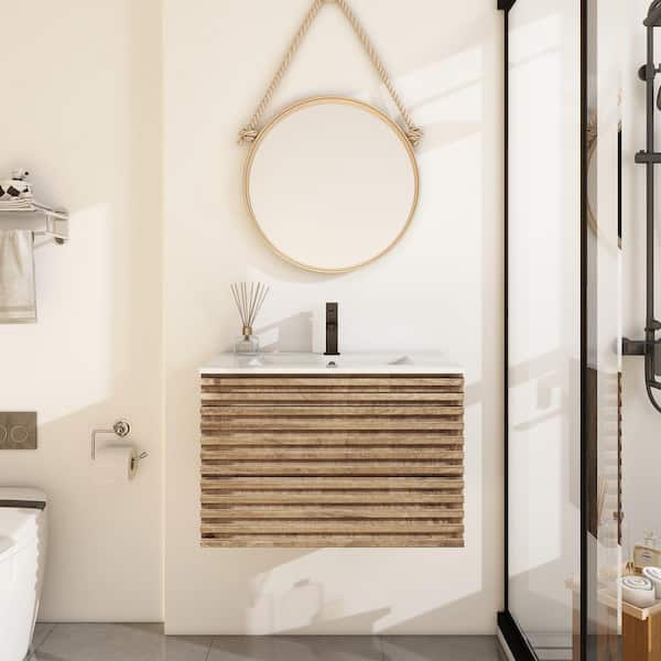 eclife 30 in. W x 18.3 in. D x 19.7 in. H Floating 1-Sink Bath Vanity in Oak with White Ceramic Top and Drain Faucet Set