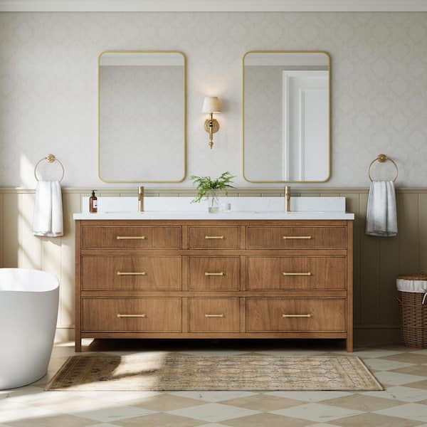 Isola 71.75 in. Double Freestanding Toasted Walnut with Satin Bronze Trim Bath Vanity with Giotto Quartz Top