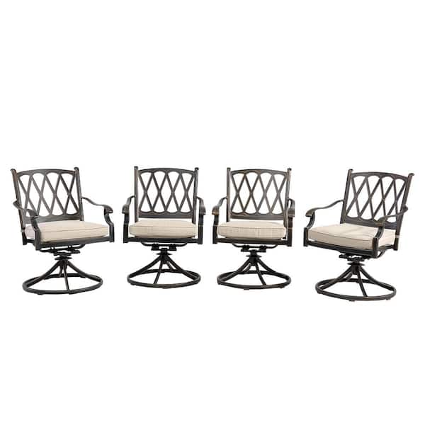 Mondawe Cast Aluminum Direct-Net Backrest Swivel Dining Chairs with Beige Cushions (Set of 4)