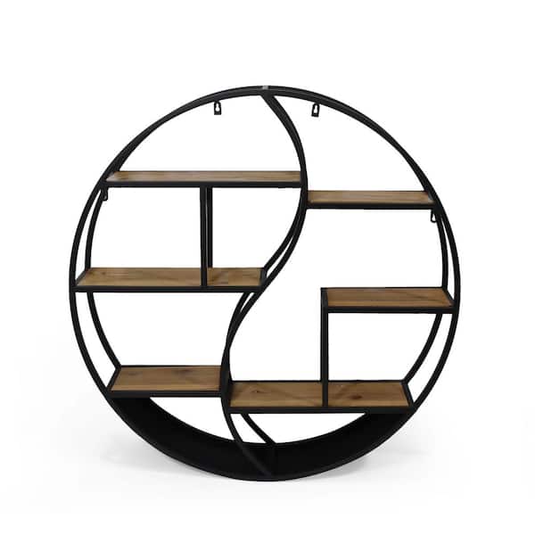 Noble House Buckthorn 6.50 in. x 34.25 in. x 34.25 in. Natural Brown and Black Floating Circular Decorative Wall Shelf