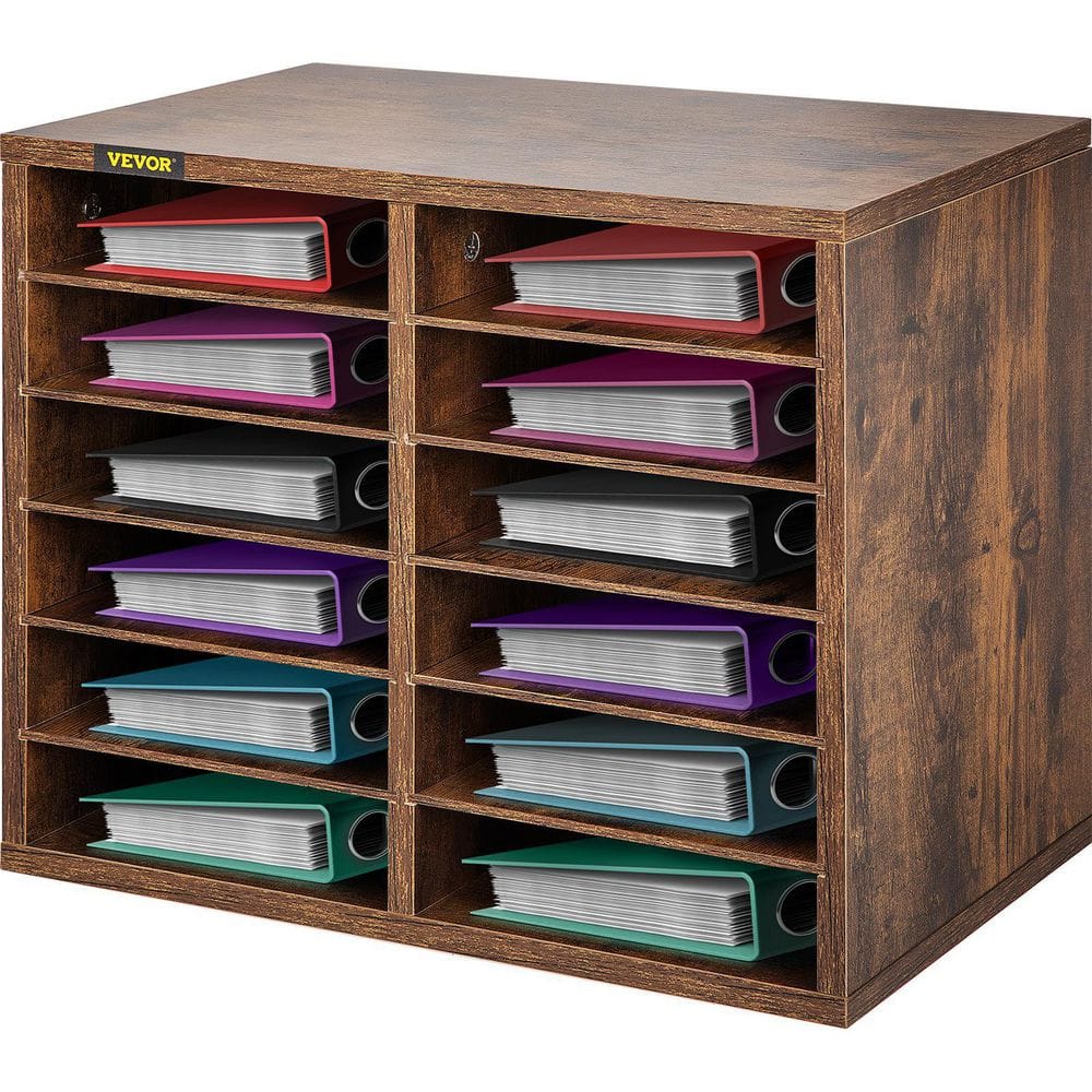 Rustic Brown 12-Compartment Wooden Desk Literature Organizer
