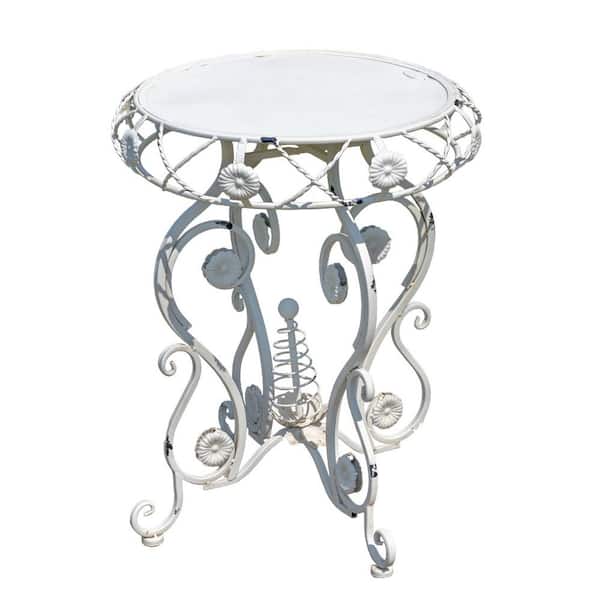 Zaer Ltd. International 25.2 in. Tall Round Iron Accent Table in Antique White