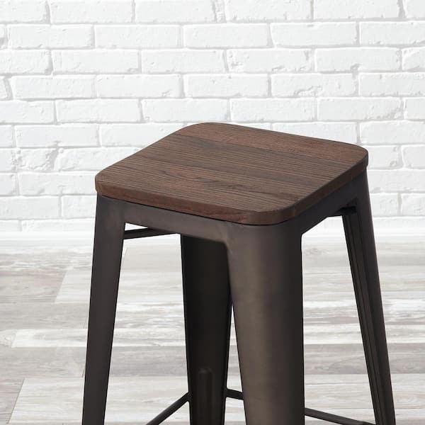 Finwick Matte Gunmetal Gray Backless Bar Stool with Dark Wood Seat (Set of 2)