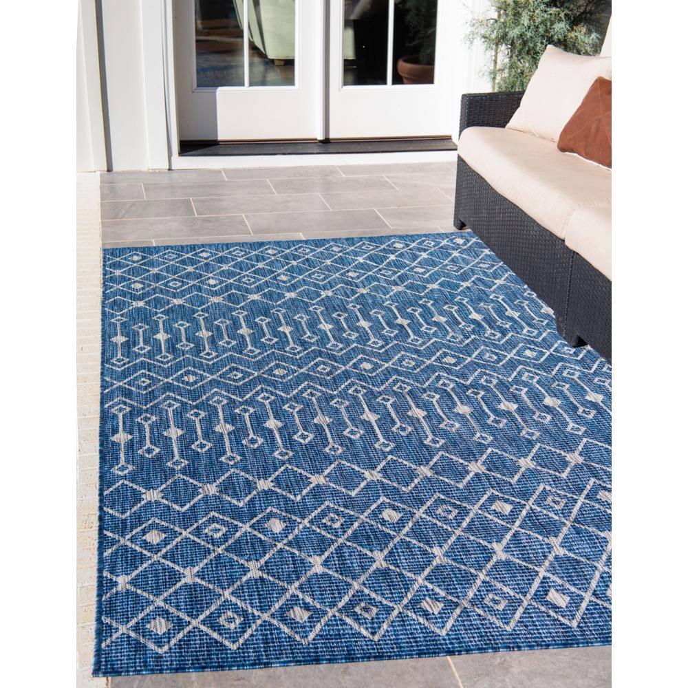 Blue Rectangular Outdoor Trellis Synthetic Area Rug