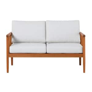 Brown Eucalyptus Wood Modern Outdoor Spindle Loveseat with Light Pewter Cushions