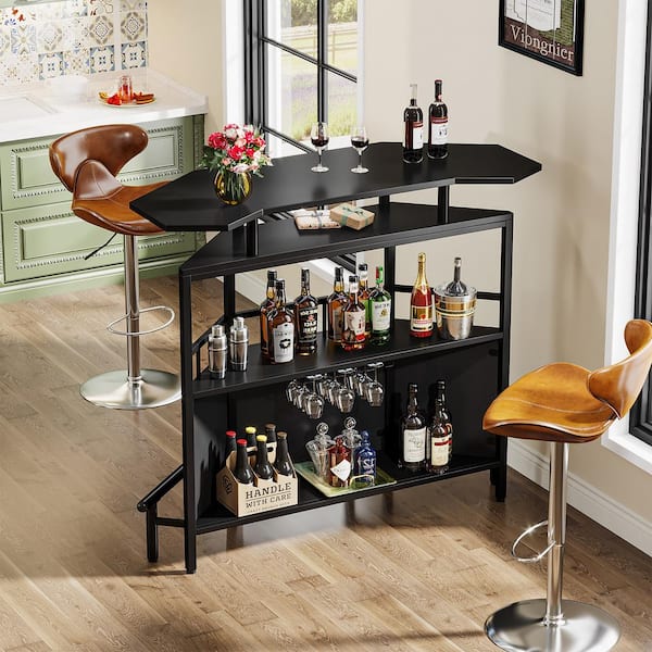 Home Bar Unit 3-Tier Liquor Bar Table with Glasses Holder Wine Storage - Black