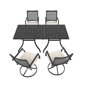6-Piece Metal Outdoor Dining Set Square Table with Umbrella Hole Swivel Dining Chairs with Beige Cushions