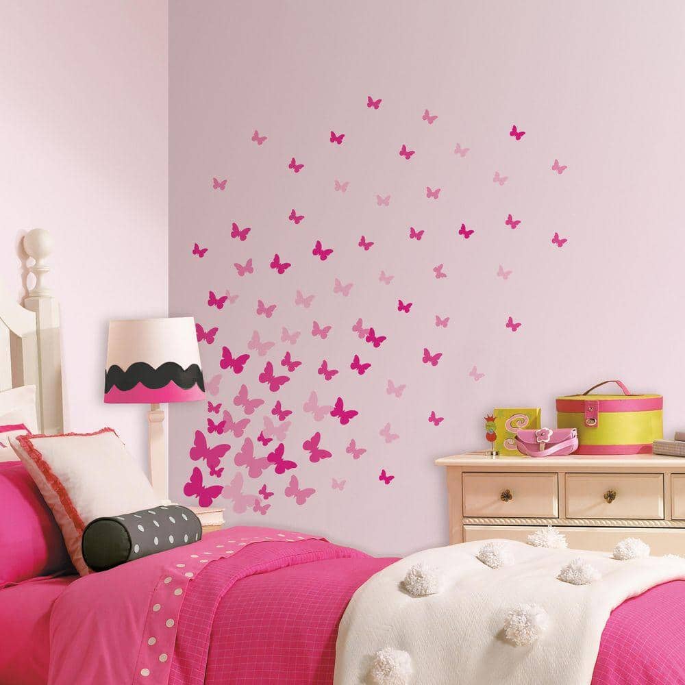 RoomMates Peel and Stick Wall Decals, Pink Flutter Butterflies - 75 pieces