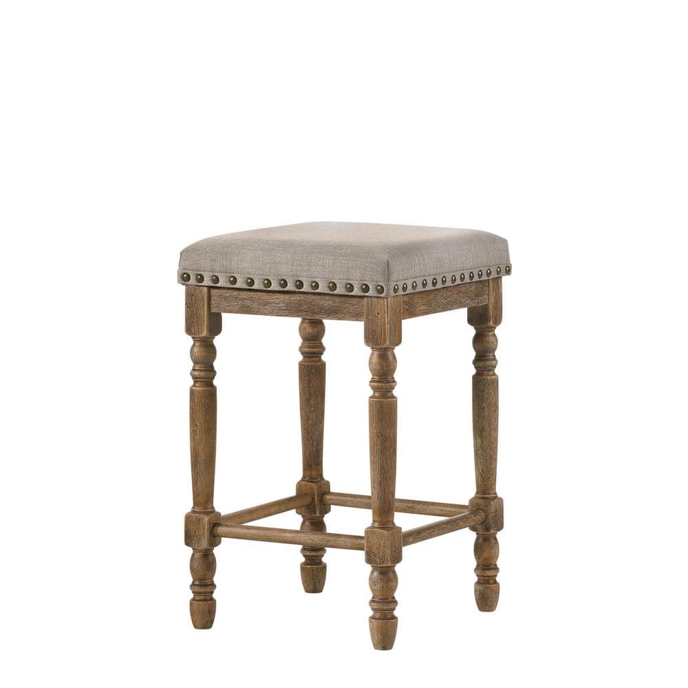 Weathered Oak Backless Counter Height Stool with Beige Upholstered Seat