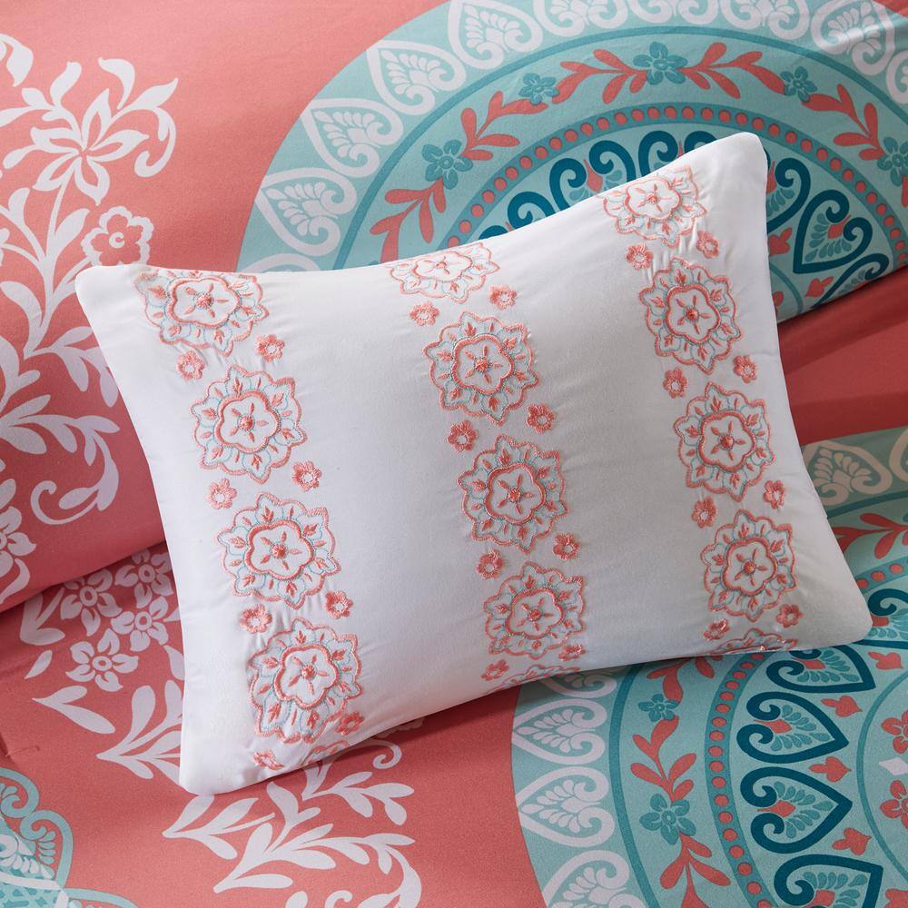Coral and Aqua Bohemian Queen Microfiber Bed in a Bag Set