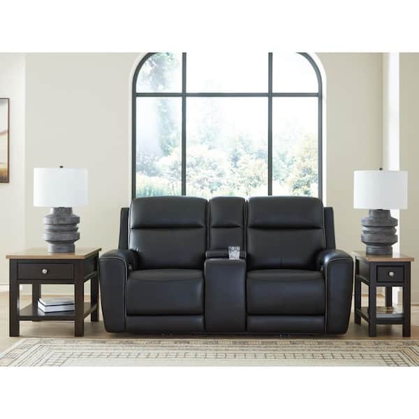 5Z-Dreamlight 78 in. Solid Leather Match 2 Seat Power Reclining Loveseat with Console and USB Ports in Black