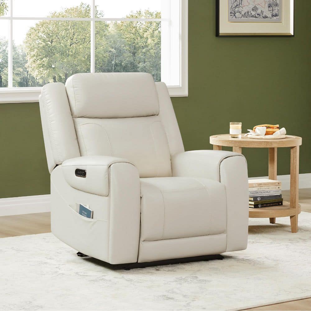 Rhea Dual Motors Cream Genuine Leather Wall Hugger Power Recliner with Cup Holders, Side Pockets, USB&Type-C Ports