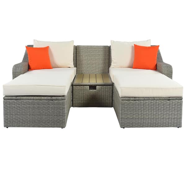 waelph Gray Wicker Outdoor Patio Wicker Sectional Set with Beige Cushions and Coffee Table