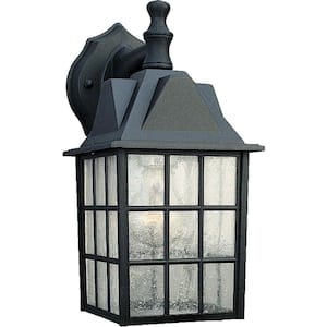 Black Hardwired Outdoor Coach Light Sconce with Decorative Frame and Clear Seedy Glass