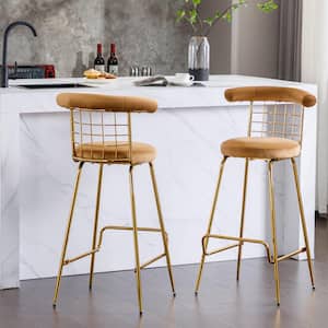 32 in. Camel Soft Back Metal Counter Height Bar Stool with Velvet Seat (Set of 2)