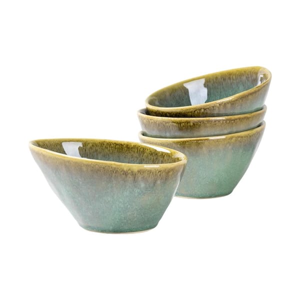 20 oz Ceramic Salad Bowls Set of 4, Slanted Snack Bowls, Reactive Glaze Green, Porcelain Serving Bowls for Soup, Desser