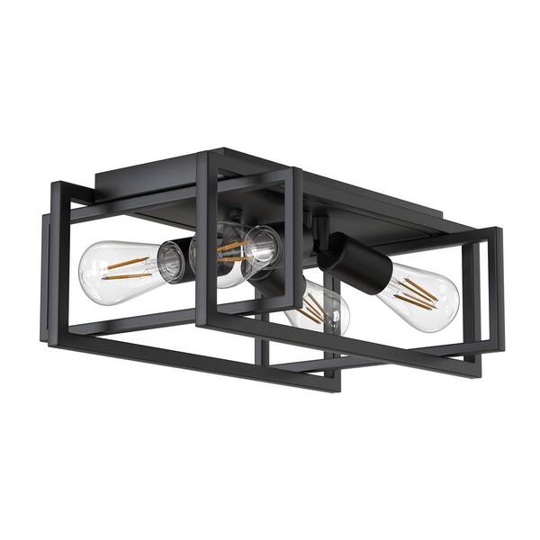 YANSUN 11.41 in. 4-Light Industrial Caged Flush Mount , Metal Black ...