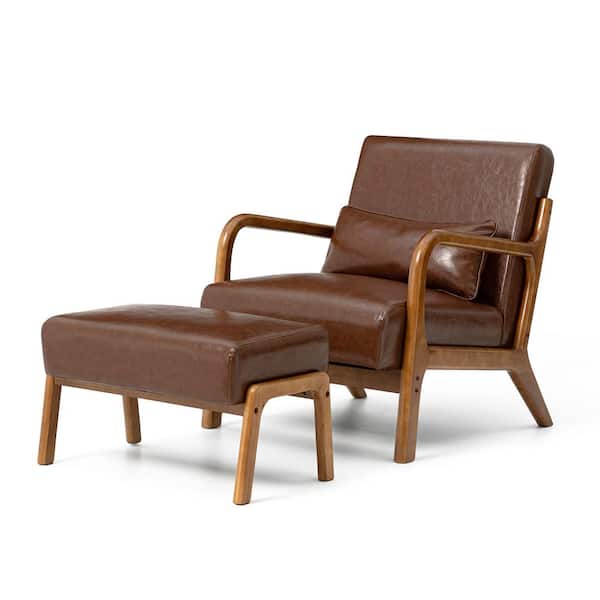 Glitzhome Set of 2 Mid-Century Modern Coffee Leatherette Accent Stool and Chair with Walnut Rubberwood Legs