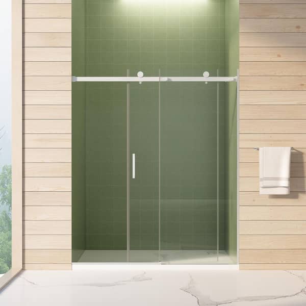 56-60 in. W x 70 in. H Sliding Frameless Shower Door in Brushed Nickel Finish with Clear Tempered Glass