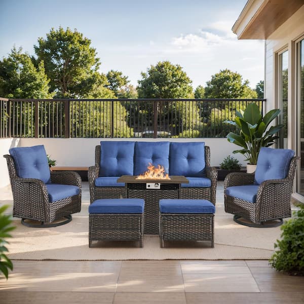 Arcline 6-Piece Brown Wicker Outdoor Chat Sets with Olefin Blue Cushions and Swivel Glider/Couch and Ottoman
