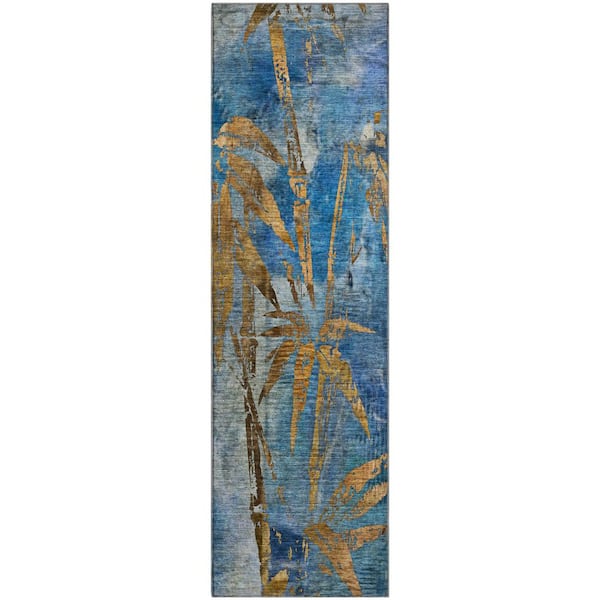 Mayfield Premium Machine Washable Abstract AMF2222 Blue 2 ft. x 7 ft. Runner Rug