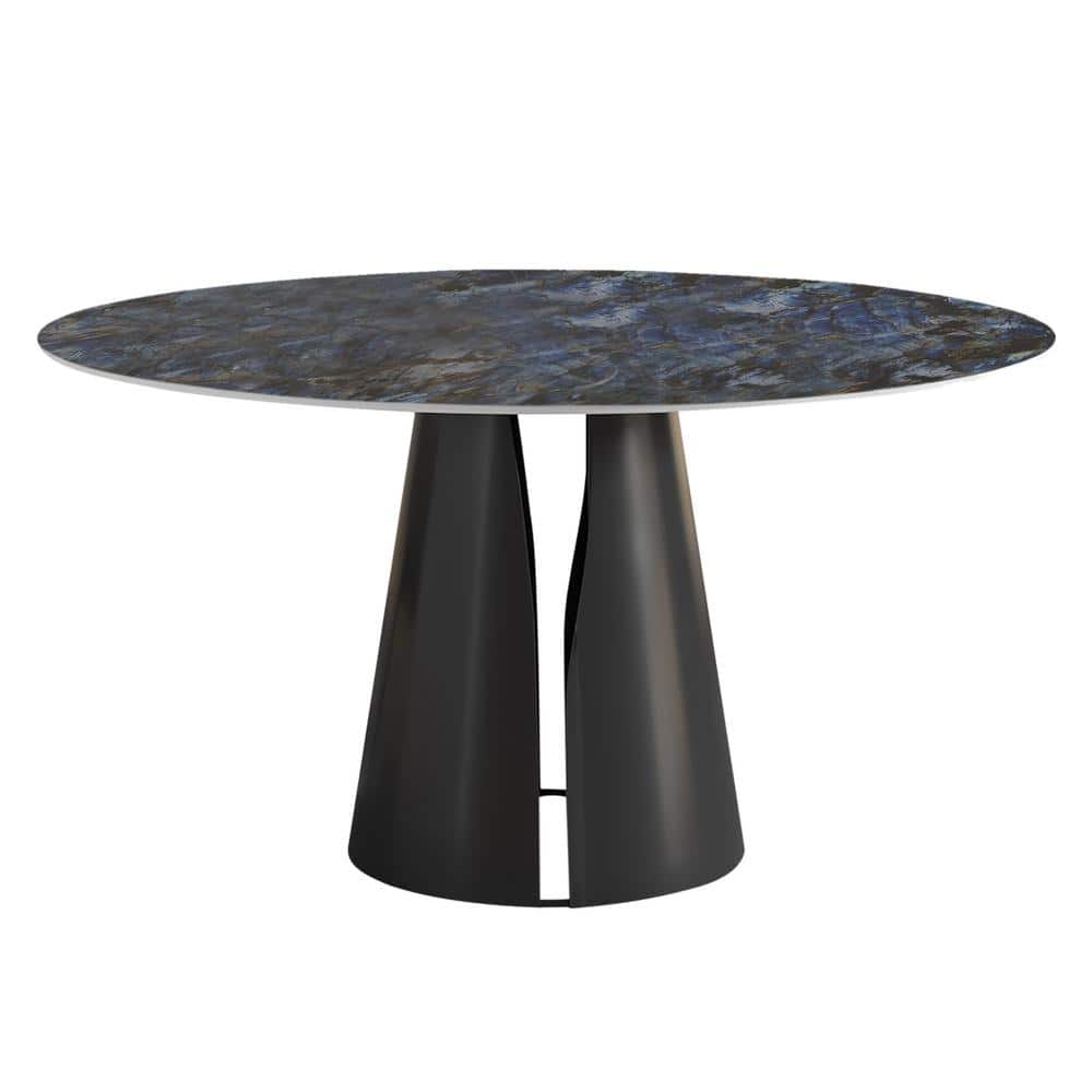 Modern Round Blue Sapphire Stone Tabletop 53.15 in. Carbon Steel Black Pede