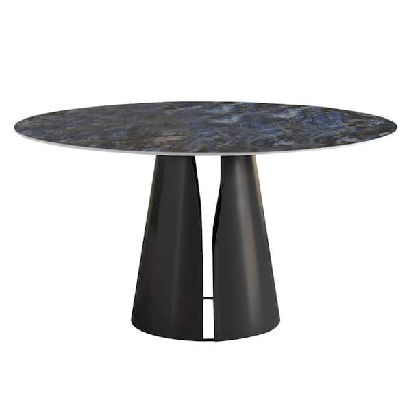 Lesly Modern Round Blue Sapphire Stone Tabletop 53.15 in. Carbon Steel Black Pedestal Base Dining Table (4-Seats)
