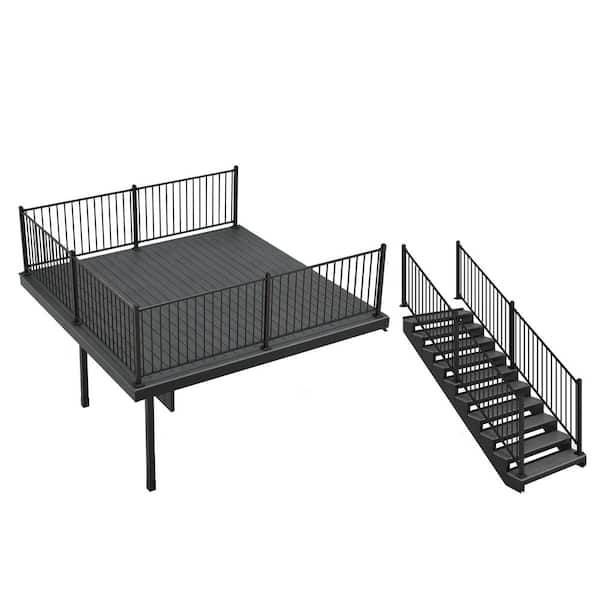 FORTRESS Infinity Attached 12 ft. x 12 ft. Cape Town Gray Composite Deck and 10-Step Stair Kit with Steel Framing and Railing