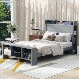 Gray Wood Frame Full Size Platform Bed with Storage Headboard and Footboard, Shelves, LED Light, USB ports