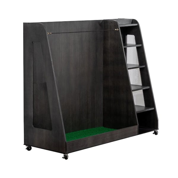 Lucasta Gray Wood 3-Golf Bag Storage Organizer with 5-Shelves, 4-Hooks and Golf Club Holders