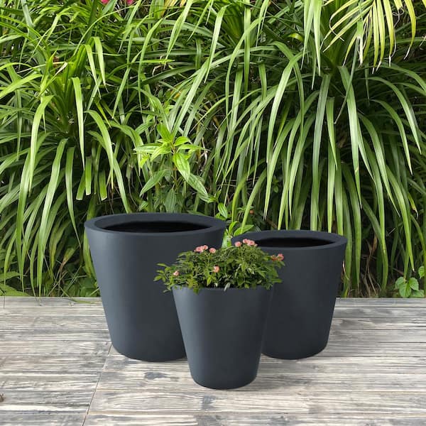 Large, Medium, Small Round Charcoal Lightweight Concrete and Weather Resistant Fiberglass Planters (Set of 3)