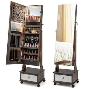 16.5 in. x 14 in. x 62.5 in. Coffee Wood Jewelry Cabinet Armoire Full-Length Mirror Lockable with 3-Color LED Lights