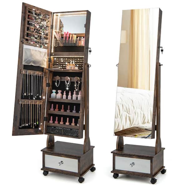 Costway 16.5 in. x 14 in. x 62.5 in. Coffee Wood Jewelry Cabinet Armoire Full-Length Mirror Lockable with 3-Color LED Lights