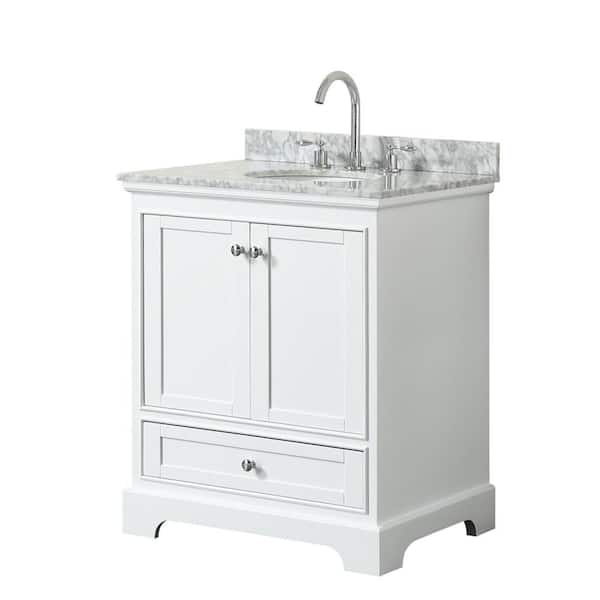 Wyndham Collection Deborah 30 in. Single Bathroom Vanity in White with Marble Vanity Top in White Carrara with White Basin