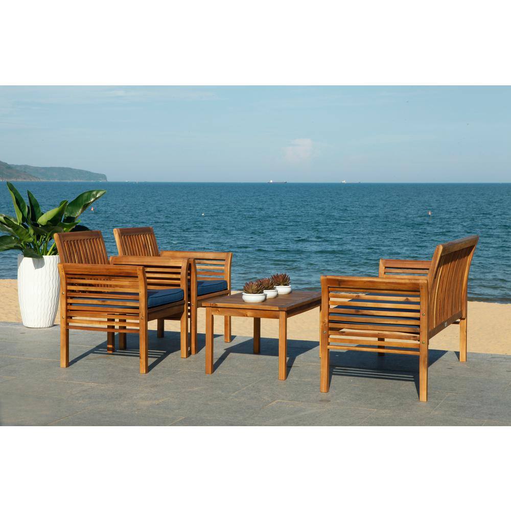 Carson 4-Piece Natural Acacia Outdoor Set with Navy Cushions