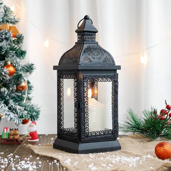 13 in. x 5 in. Black Metal Vintage Lantern without Candle
