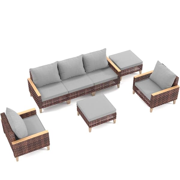 Unbranded 7-Piece Brown Wicker Rattan Outdoor Patio Sectional Set Sofa Set with Ottoman and Grey Cushions, for Pool Backyard