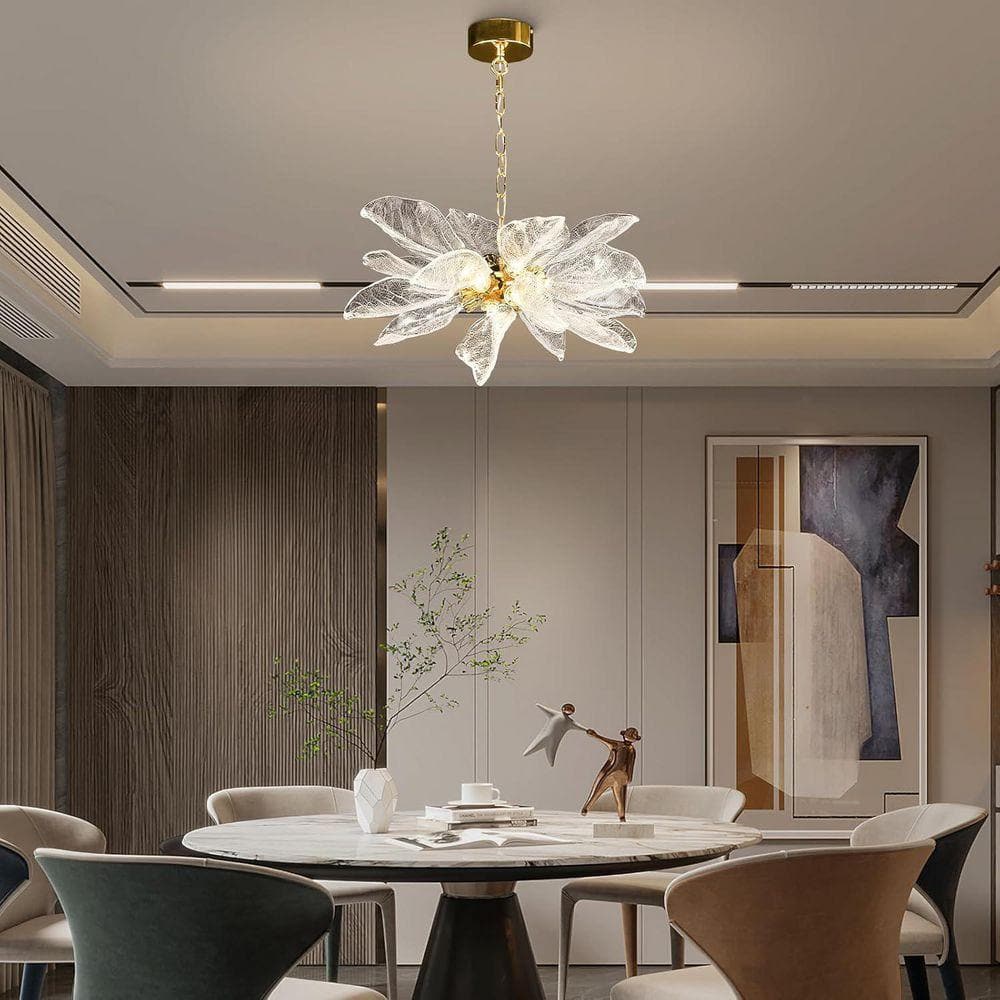 Gleam Flare D23 in. 16-Light Gold Modern Chandelier, Crystal Leaf